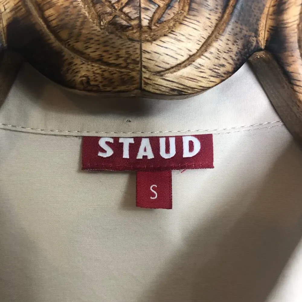 Staud Guilia Shirt Dress Ruched Gather Waist Midi Tan Cream Biscotti Collar S